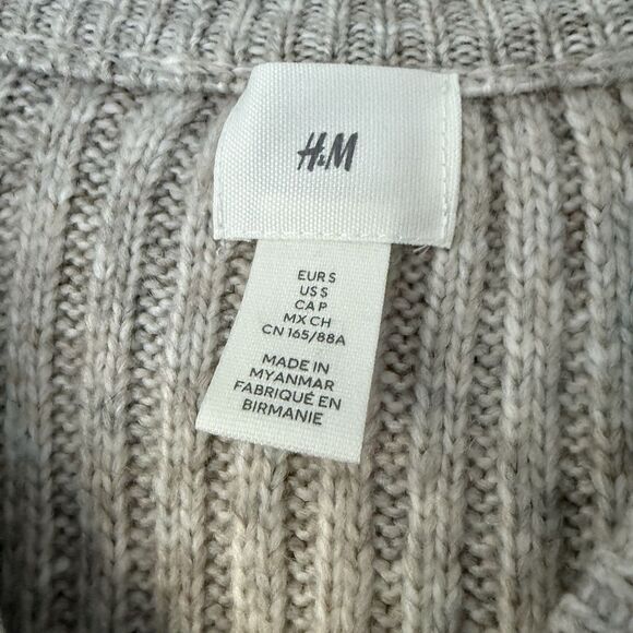 Boho Rib-Knit Wide Sleeves Midi Sweater Dress Sz S H&M Beige Cream Heather Wool - Picture 3 of 10